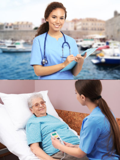 nurse smiling and nurse assisting senior woman lying on bed